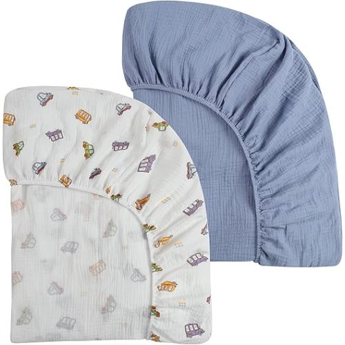Onacosht Muslin Mini Crib Sheets, 39" x 27" Pack and Play Mattress Sheets Fitted for Pack N Play, Soft Cotton for Boys Girls, 2 Pack, Car and Solid Blue