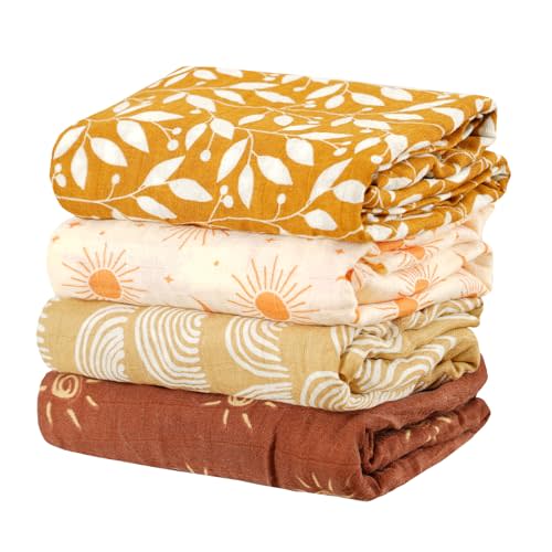 CoolaPeach 4 Set Muslin Swaddle Blankets for Newborn Baby Boys, Girls - Cute Soft Print Baby Towel Wrap 120x110cm - Yellow Floral