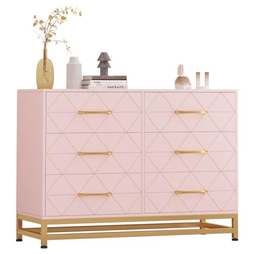 6 Drawer Pink Dresser for Bedroom,TV Stand Dresser, Chest of Drawer Dressers Organizer for Living Room and Hallway Entryway
