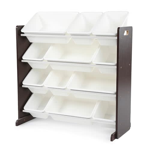 Humble Crew Kids Toy Organizer with 12 Bins, 4 Tier Storage for Playroom | Sturdy wood and steel toddler shelf, removable BPA-free containers, wall anchor anti-tip safety kit for bedroom or classroom