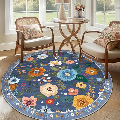 RELEANY Floral Washable Round 6ft Area Rug Blue/Grey