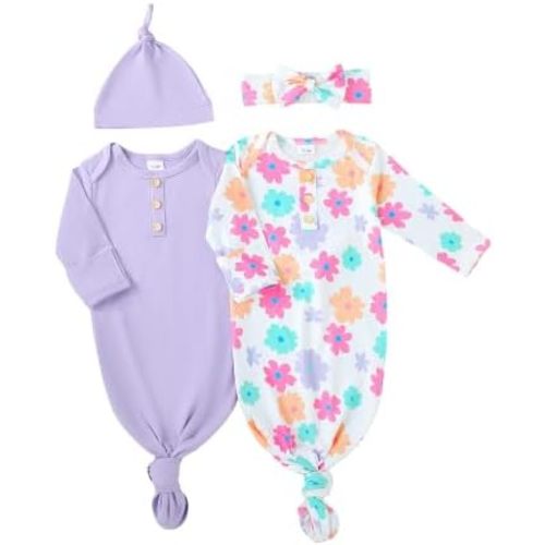 2 Pack Newborn Baby Girl Boy Sleeper Gown Knotted Nightgown with Hat Pajamas Set Infant Gifts Stuff Essential Outfit