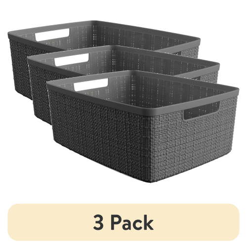 (3 pack) Curver Jute Medium Gray Plastic Storage Basket, 14 in x 10.7 in x 5.7 in