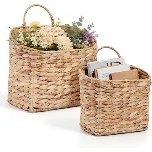 Set of 2 Wicker Hanging Wall Basket Woven Hanging Baskets Natural Water Hyacinth Wall Mounted Storage Baskets with Handle Farmhouse Home Decor for Organizing Front Door Entryway Mail Flowers Plant
