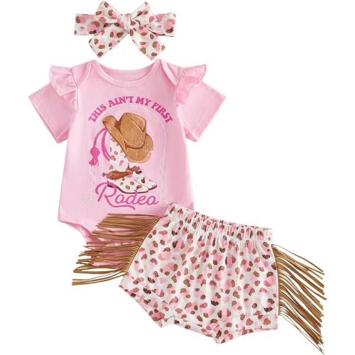 Western Baby Girl Clothes Summer Short Sleeve Letter Tassel T Shirt Romper Bloomer Shorts Set Infant Country Outfit