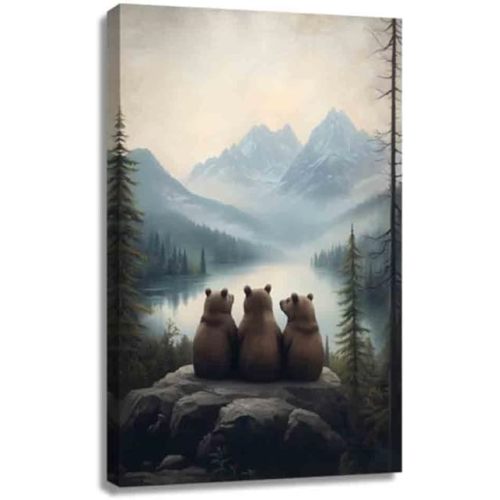 QIXIANG Bear Canvas Wall Art Brown Bear Family Prints Woodland Nursery Forest Painting Wildlife Animal Picture for Toddler Room (black,12W x 18L)