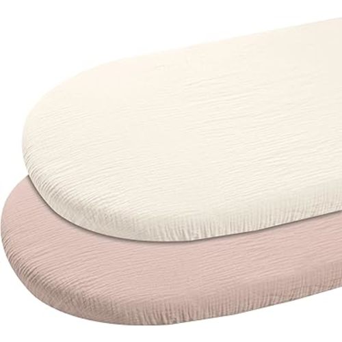 Muslin Bassinet Fitted Sheets, 2 Pack for Baby Boy and Girl, Soft Breathable Stretchy Baby Pad/Mattress Sheet Set, Universal Fit for Hourglass Oval and Rectangle Bassinet Mattress (Gentle Colors)