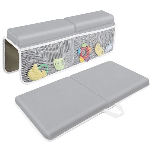 JJGoo Bath Kneeler with Elbow Rest Pad Set, 1.5 inch Kneeling Pad Mat for Bathtub Baby Bathing Parents, Painless Foam Mat with Toy Organizer Pockets, Non-Slip for Baby and Toddler Bathing