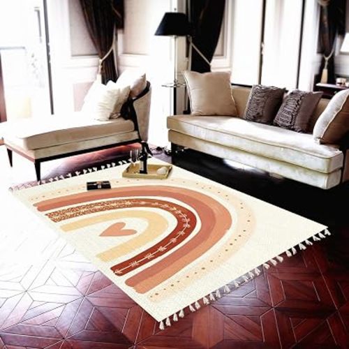 Scandinavian Boho Rainbow Print Nursery Rug Neutral Area Rug 4x6 Minimalist Kids Playroom Rugs Neutral Rugs Home Decor for Living Room, Bedroom, Patio, Indoor Outdoor