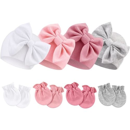 Newborn Baby Hats and Mittens Set Infant Bow Beanie Cap Toddler Gloves Newborn Hospital Hats for Baby Boy Girl 0-6 Months
