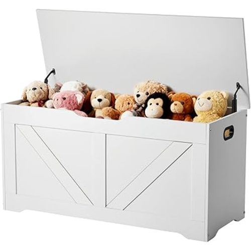 VEVOR Kids Storage Bench, Wooden Toy Box Chest, Large Storage Cabinet with Safety Hinge, Toddlers Storage Bench for Playroom, Living Room or Entryway, Easy Assembly, 38.98 x 15.55 x 18.9 in, White