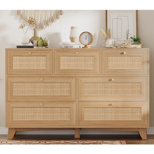 VIAGDO Rattan Dresser for Bedroom, 7 Drawer Dresser with Natural Rattan Drawers, Wooden Wide Cabinet with Gold Handles, Modern Closet Storage Chest of Drawers for Nursery Entryway Living Room