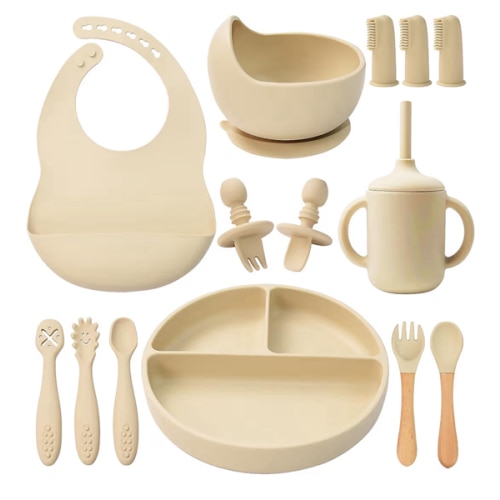 LITTLE RAWR Silicone Baby Feeding Set 14 Pcs,Baby Led Weaning Supplies, Baby Spoons Suction Bowl Divided Plate Bib Cup Finger Brush,First Stage Solid Food Eating Utensils - 6+ Months(Beige)