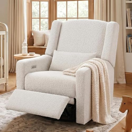 Power Recliner Chair Swivel Gilder Rocking Chairs Skin-Friendly Power Recliner Nursery Chair for Adults with Waist Pillow, USB Charging (Beige, Only Recliner Chair)