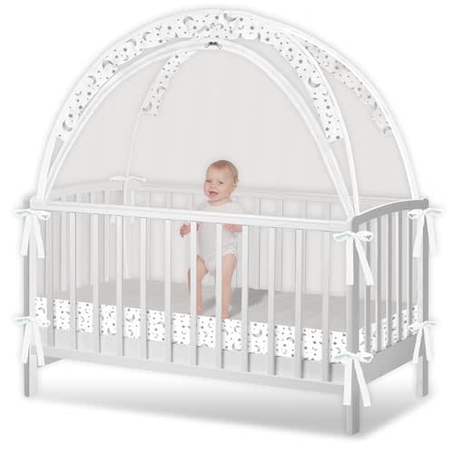Crib Tent - Crib Net to Keep Baby in, Stop Baby from Climbing Out of Crib, Pop Up Crib Tent with Durable Breathable Net Double Zipper Strong Rods Installation Convenience (Gray Stars & Moons, Large)
