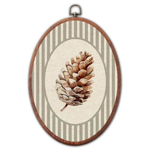 Lulavo Vintage Pinecone Nursery Oval Wall Art, Grey Striped Canvas Prints Framed, Retro Woodland Pinecone Decor for Neutral Baby Toddler Room Playroom Bedroom Hanging Decoration, 8.6 x 11.4 Inch