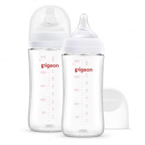 Pigeon Glass Nursing Bottle Wide Neck, Anti-Colic, Streamlined Body, Natural Feel, Easy to Clean, Heat-Resistant, 8.1 Oz (Pack of 2), Includes 2pcs M Nipples (3m+)