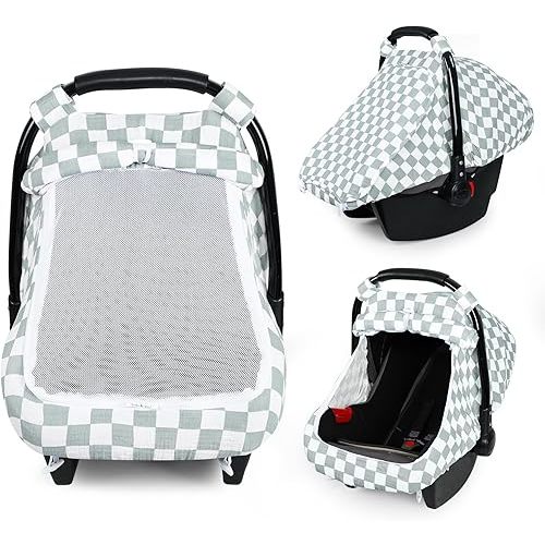DILIMI Car Seat Covers for Babies, Muslin Cotton Baby Car Seat Cover with Breathable Mesh Window, Summer Infant Car Seat Canopy for Boys Girls Newborn, Green Plaid