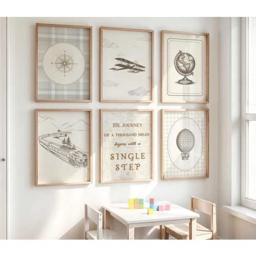 Vintage Travel Nursery Art: Airplane, Globe, Balloon, Train, Compass, and Quote Prints (Digital Download)