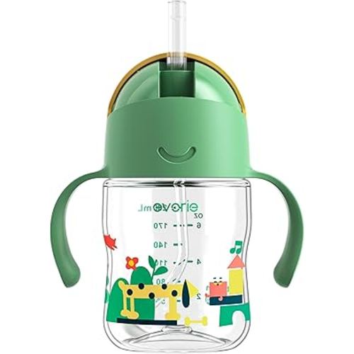 Evorie Tritan Weighted Straw Sippy Cup with Handles for Baby and Toddlers, Spill Proof Baby Water Bottle with Straw for 6 Months and up, 7 Oz, Infant Training Water Bottle (Green Explore)