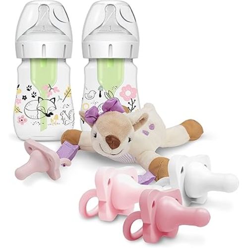 Dr. Brown’s Wide-Neck Baby Bottle Woodland Designer Bottles, 5 oz/150 mL, 2-Pack with HappyPaci Pacifiers and Lovey Holder, Deer