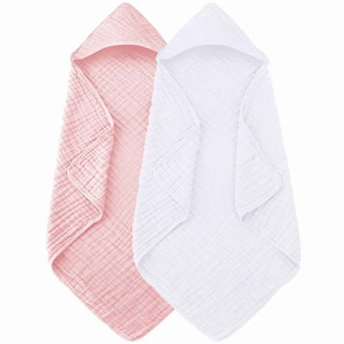 2PCS Baby Hooded Bath Towel Newborn Set 100% Organic Cotton Gauze Baby Towel Suitable for Infants, Toddlers & Children 35x35 Inches Soft & Absorbent Newborn Essential (White & Pink)