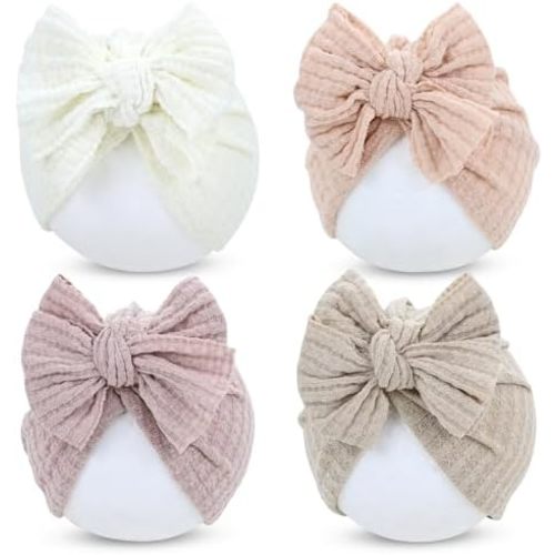 Cinaci 4 Pieces Baby Girls Turban Hats with Bow Newborn Hospital Caps Bonnets Beanies Headwraps for Infants Toddlers