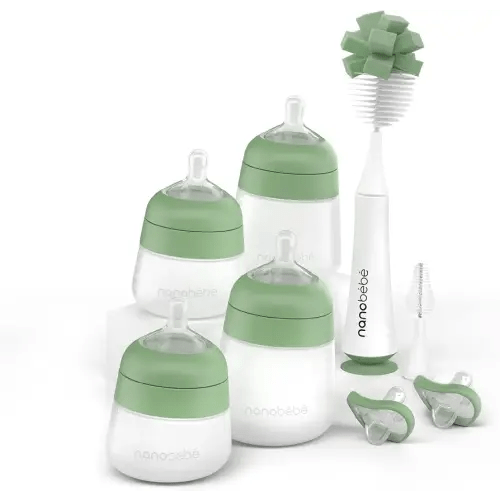 Nanobebe Silicone Baby Bottle Flexy Set with Anti-Colic Nipples, Bottle Brush and Pacifiers - 5oz and 9oz - Sage