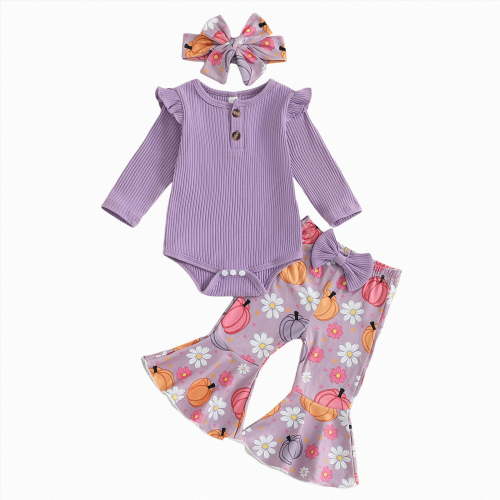 masbird Newborn Baby Girl Clothes 3pcs Fall Winter Outfits Rib Frill Long Sleeve Romper Daisy Flared Pants Headband Set,Purple,12-18 M