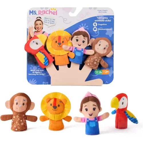 Ms. Rachel Finger Puppets Zoo Friends 4-Pack, Lion, Monkey & Parrot, Educational Toys & Animal Puppets, Toddler Toys for Girls & Boys Ages 6 Months-2+