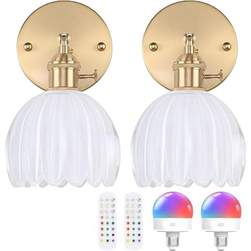 Vintage Battery Operated Wall Sconce with Cute White Tulip Glass Lampshade Wireless Rechargeable Battery Powered Wall Light with Remote Control for Bedside Bedroom Doorway, Set of 2