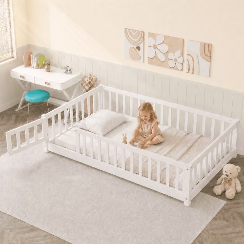 Paproos Twin Floor Bed, Solid Wood Frame with Slats, Fence Guardrail and Door, White