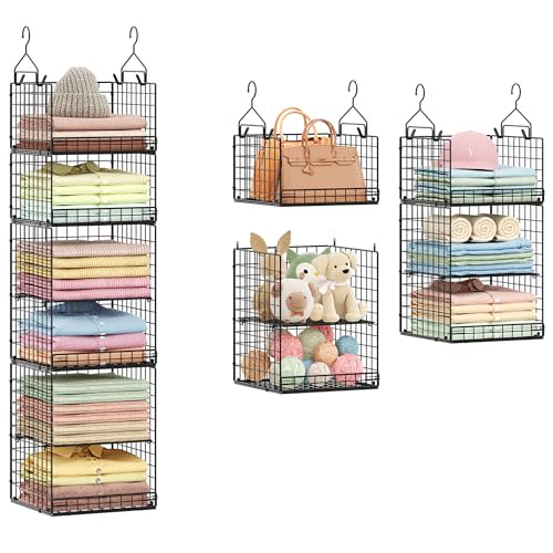 6 Tier Hanging Closet Organizers and Storage Stackable Hanging Closet Shelves with 4 Hooks 2 Adjustable Dividers, Wire Storage Basket Bins for Clothing Purse Sweaters Shoes Socks Dolls, Foldable