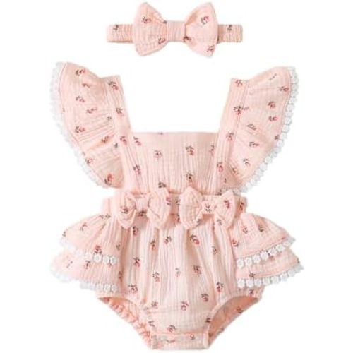 Baby Girl Summer Clothes Ruffle Sleeve Cotton Linen Romper Dress Infant Girls Lace Trim Jumpsuit with Headband