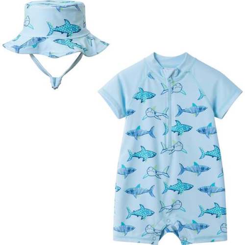 Infant Boys Swim Romper W/ Hat,  Aqua Shark - Andy & Evan | Maisonette