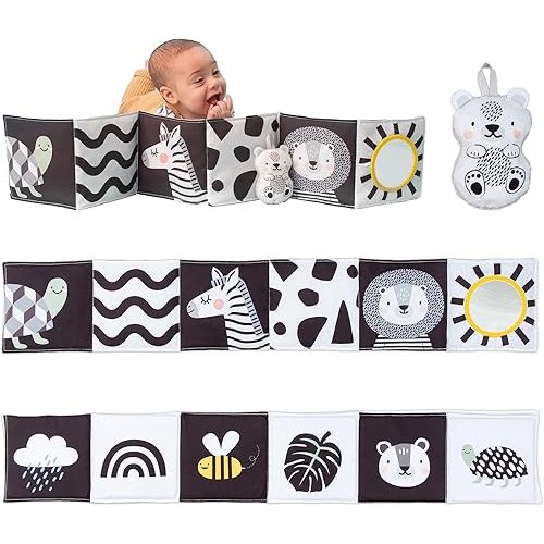 Taf Toys Newborn Soft Activity Book Black & White High Contrast Baby Book Infant Sensory Toys Tummy Time Soft Cloth Books for Babies Textured Fabric Crinkling Shapes Patterns 0-12 Months Newborn Toys
