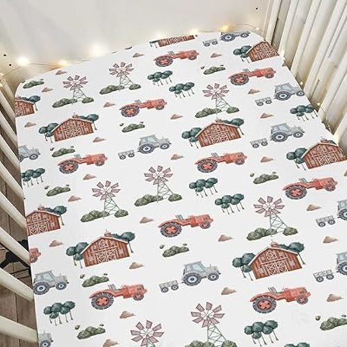 Boho Farm Animals Life Baby Crib Sheets for Boy Girl 52x28Inch Farmhouse Tractor Barn Windmill Trees Soft Snug Fitted Crib Mattress Cover Farmyard Baby Sheet for Standard Crib & Toddler Bed Mattress