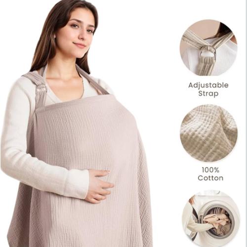 Konssy Muslin Nursing Cover for Baby Breastfeeding, Breathable 100% Cotton Breastfeeding Cover with Rigid Hoop for Mother Nursing Apron, Multi-use Carseat Canopy (Taupe)
