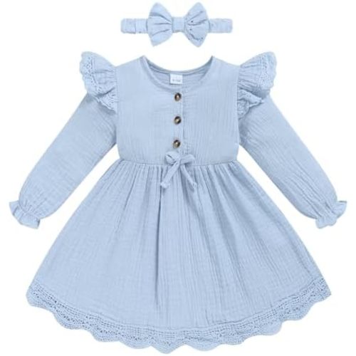 Sinhoon Toddler Fall Dress Baby Girl Dress Ruffle Long Sleeve Toddler Girl Dress Smocked Baby Fall Dresses with Bow Headband