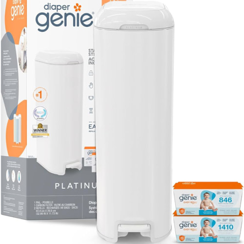 Diaper Genie Platinum Diaper Pail Gift Set | Hands-Free Odor Control with Foot Pedal | Stainless Steel Baby Diaper Pail | Includes 2 Easy Roll Refills 48 Bags Total | Baby Registry Must-Have