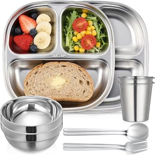 Tioncy 10 Pcs Stainless Steel Kids Dinner Set, Bowls, Balanced Bites Divided Plates, Cups, Spoons and Forks, Stainless Steel Lunch Plates Dinnerware Set for Kids Toddlers