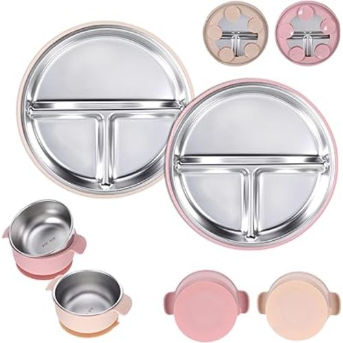4 Pack Stainless Steel Plates,Plates with Suction,Non Slip Plate and Children Bowl with Removable Silicone Suction,Unbreakable Feeding Set Dishwasher Safe(Pink and Beige)
