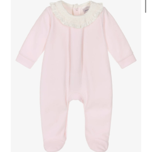 Babidu - Girls Pale Pink Velour Babygrow with Ruffle Collar | Childrensalon