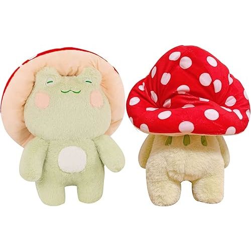 XSHYE Frog Plush 10" Cute Frog Mushroom Hat Stuffed Animals Kawaii Plush Toys Throw Pillow Home Room Decor Aesthetic Gift