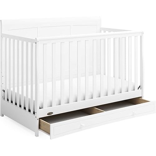 Graco Asheville 5-in-1 Convertible Crib with Drawer (White) – GREENGUARD Gold Certified, Crib with Drawer Combo, Full-Size Nursery Storage Drawer, Converts to Toddler Bed, Daybed and Full-Size Bed