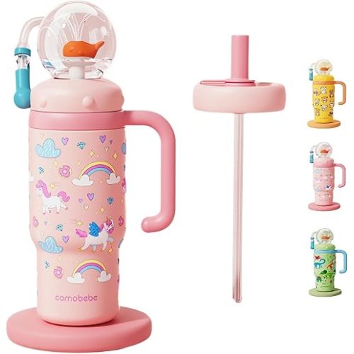 Stainless Steel Whale Fountain Tumbler with Handle, Drinking Cup with Whale Squirt, 24oz Whale Water Bottle Two Silicone Soft Tip, Leak-Proof Whale Fountain Tumbler for Kids Teens Adults (A-Pink)