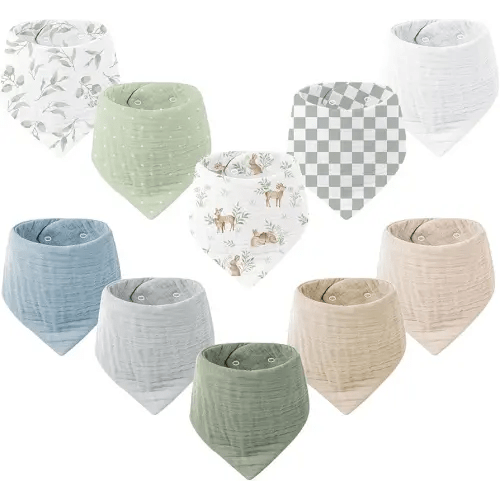 Konssy Muslin Baby Bibs 10 Pack Baby Bandana Drool Bibs 100% Cotton for Unisex Boys and Girls, Soft Absorbent Set for Teething and Drooling