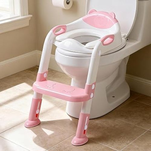 Potty Training Seat with Step Stool Ladder, SKYROKU Potty Training Toilet for Kids Boys Girls Toddlers - Comfortable Safe Potty Seat with Anti-Slip Pads Ladder （8838-Pink）