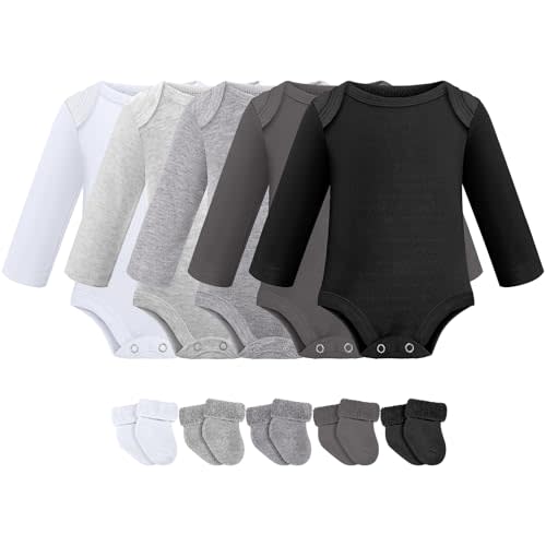 Glitopper 5 Pack Preemie Long Sleeve Bodysuit Preemie Layette Set Bodysuit Socks Set for Boys Girls NICU Gift