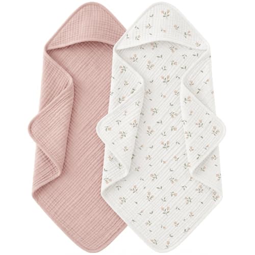MairMore Muslin Baby Girls Hooded Towels 2 Pack, 32 x 32 in Bath Towels | Extra Soft & Absorbent, Newborn Essential, 100% Cotton Large Neutral Towels for Newborn, Infants, Girls and Boys